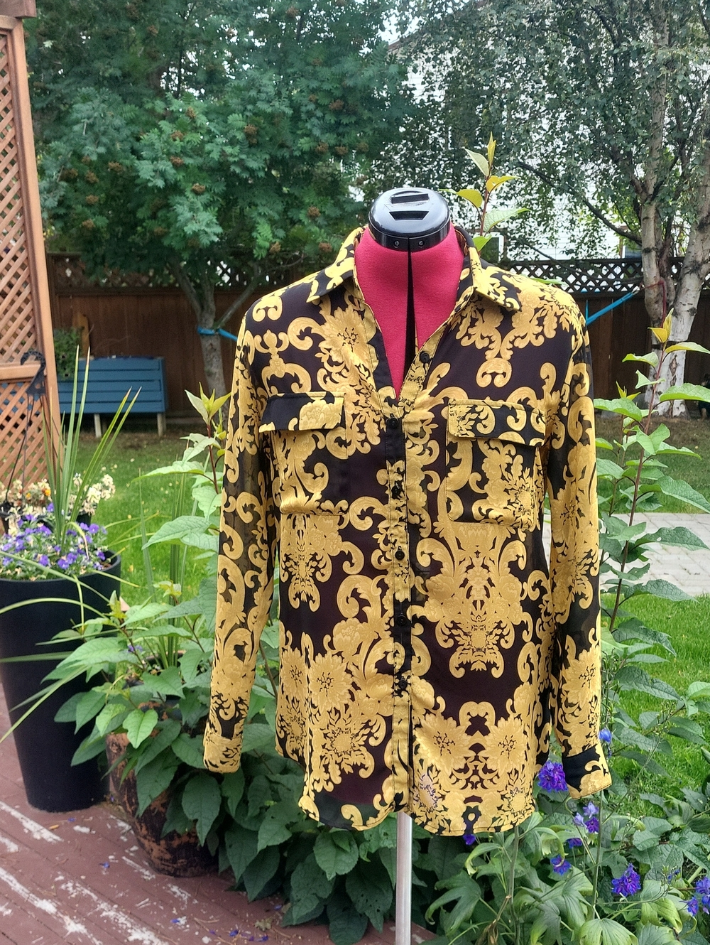 BB Dakota Black and Gold Baroque Print Button-Front Blouse